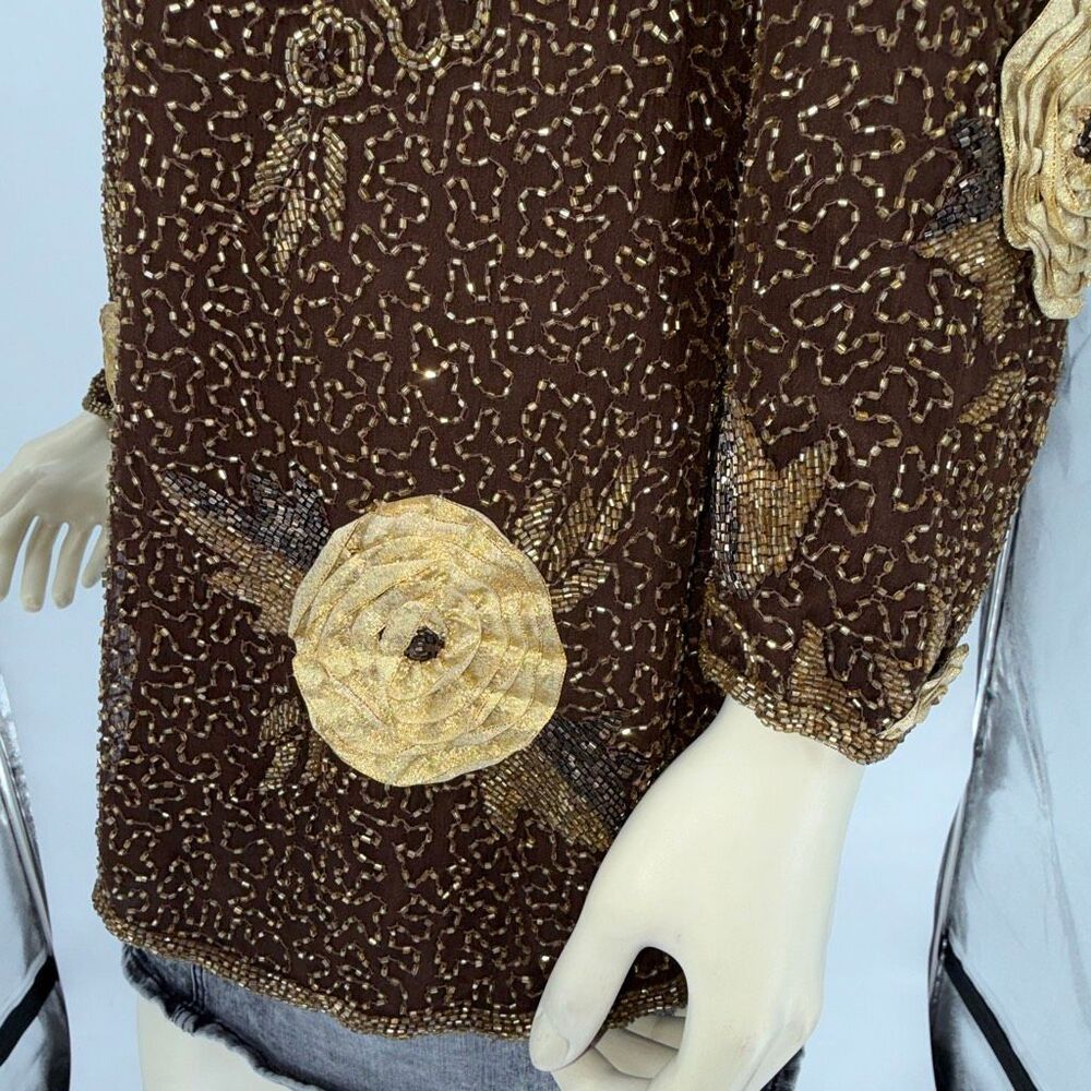 Vintage Joan Leslie Studio Silk Beaded Floral Top Saks Fifth Avenue 2X Brown Gol - Picture 7 of 15